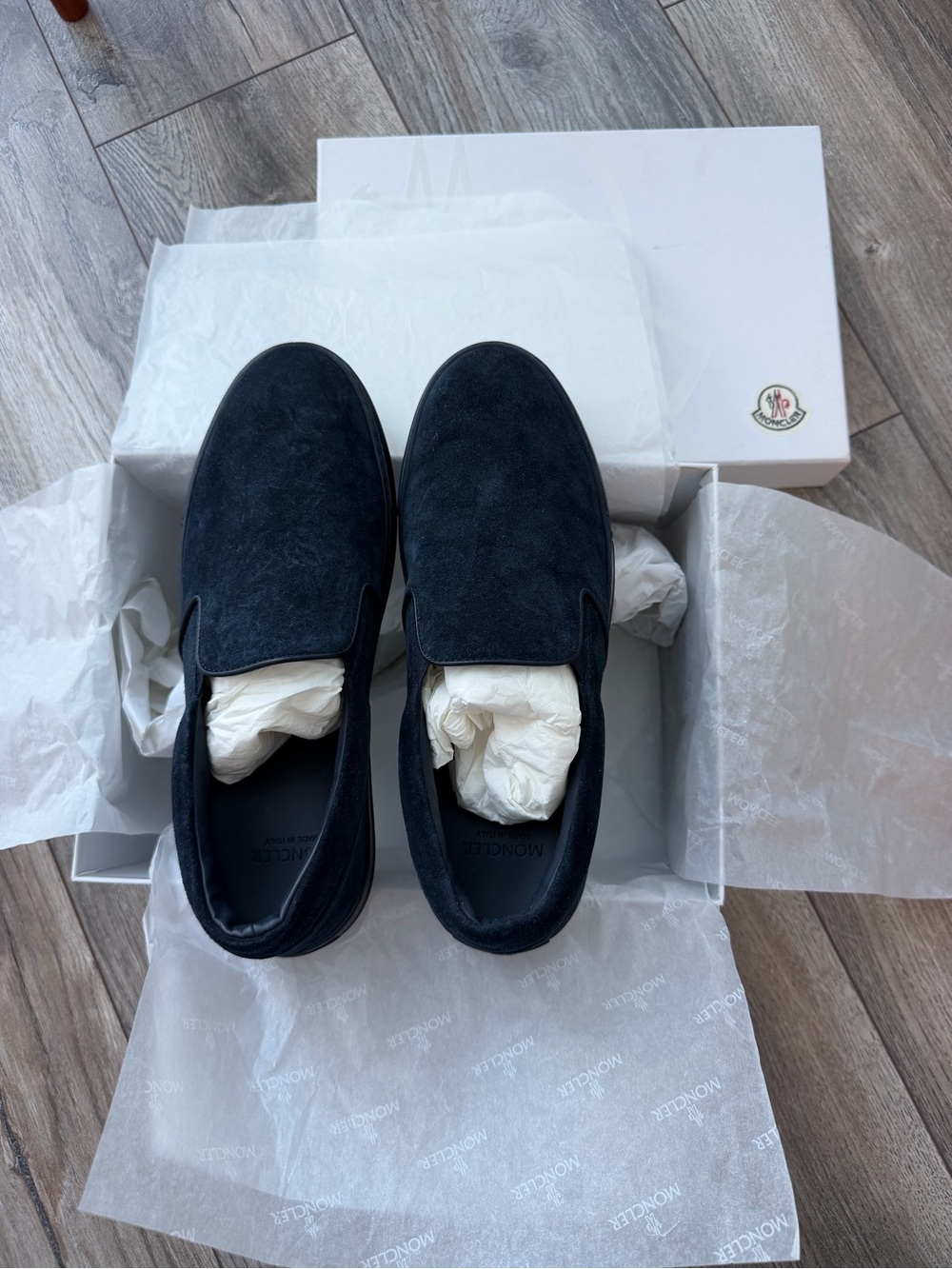 Moncler Men's Navy Suede Slip-On Sneakers
